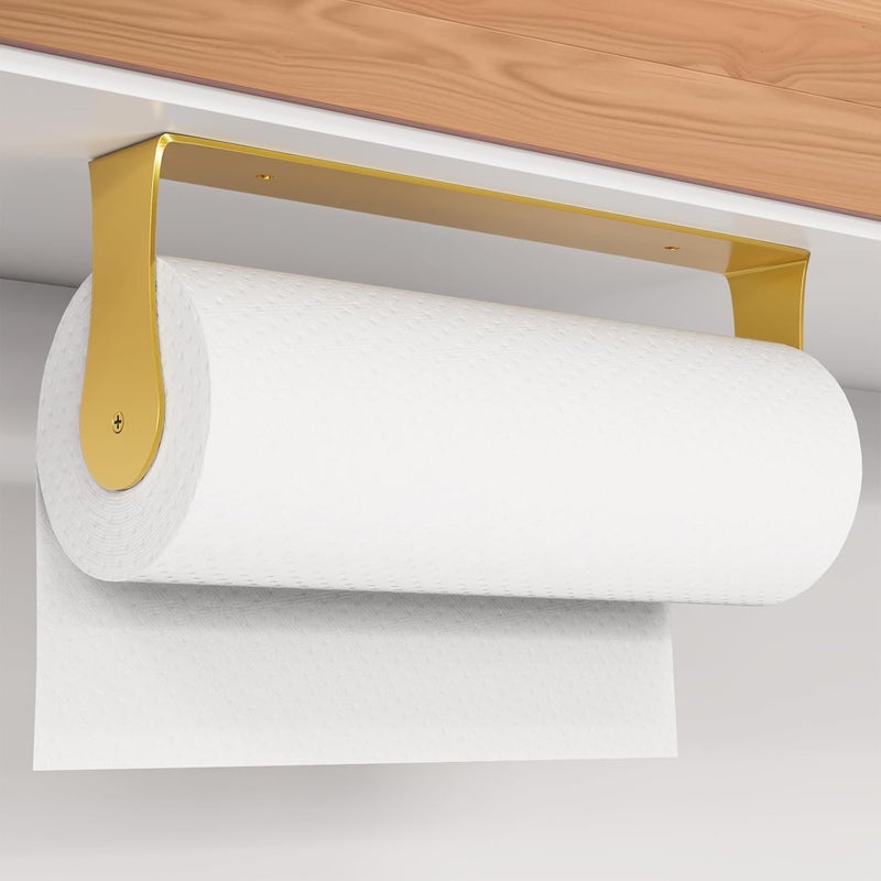 HZE Gold Paper Towel Holder Under Cabinet, Gold Kitchen Accessories Decor,Wall Mount, Stainless Steel, Adhesive Paper Roll Holder for Bathroom - Image 1